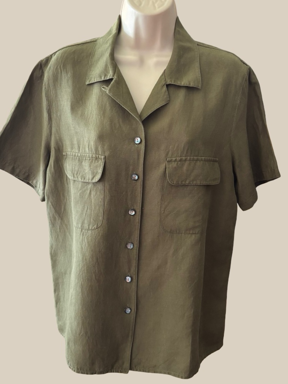 August Silk Linen Silk Blend Camp Shirt Olive Green Utility Top Blouse 90s SZ L